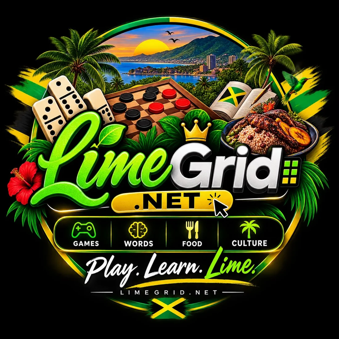 LimeGrid collage celebrating Jamaica with dominoes, draughts, food, books, the Doctor Bird and island scenery.