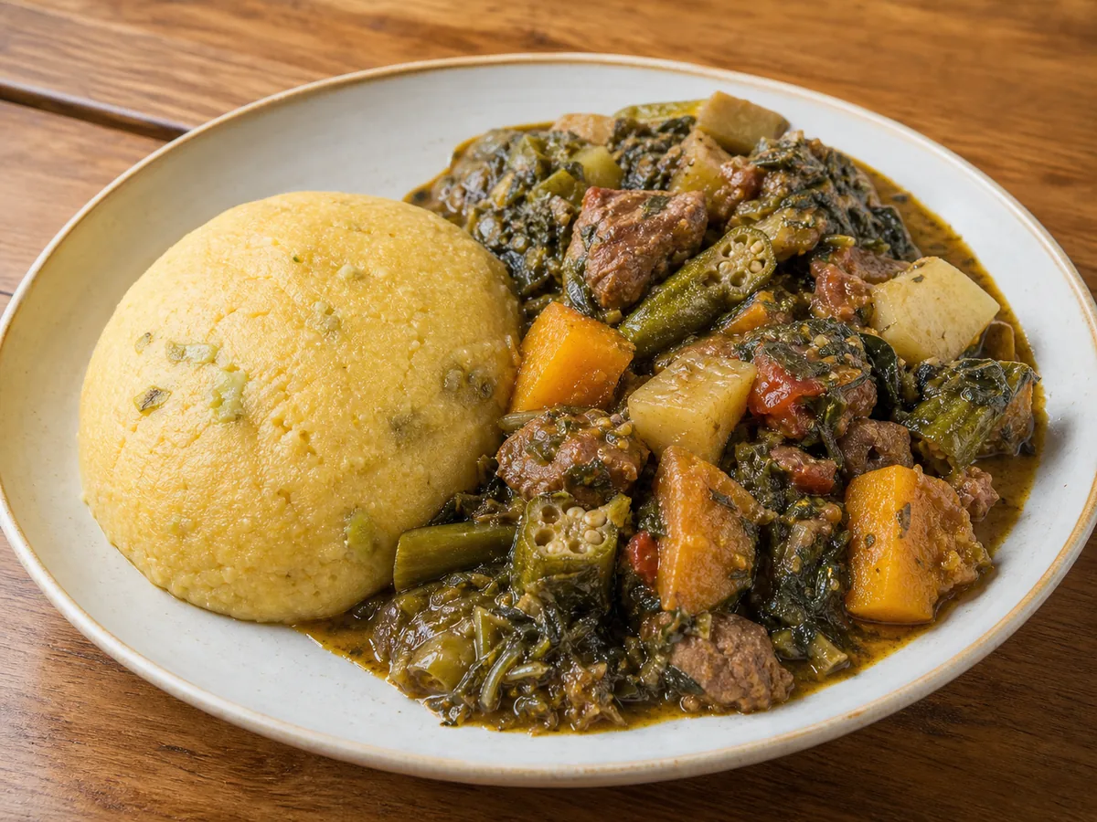 Antiguan fungee beside vegetable-rich pepperpot with okra, callaloo, pumpkin, yam and tender meat.