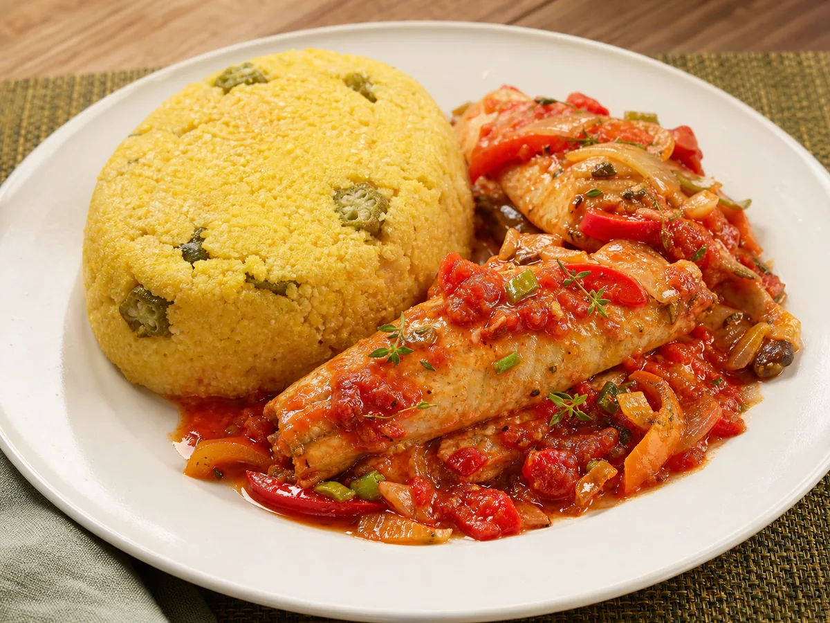 Barbadian firm okra cou-cou served with flying fish in tomato, onion and sweet pepper gravy.