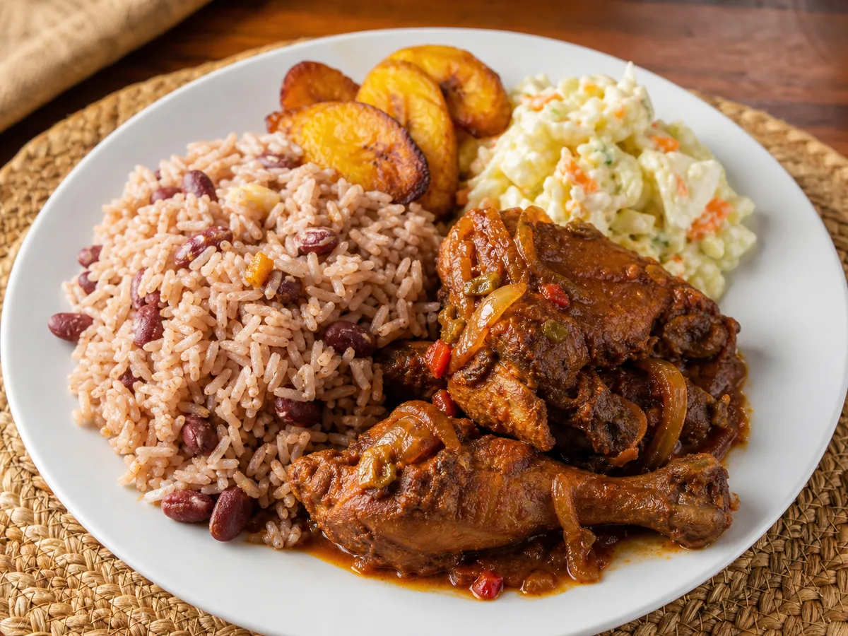Belizean coconut rice and beans with red-recado stew chicken, ripe plantain and potato salad.