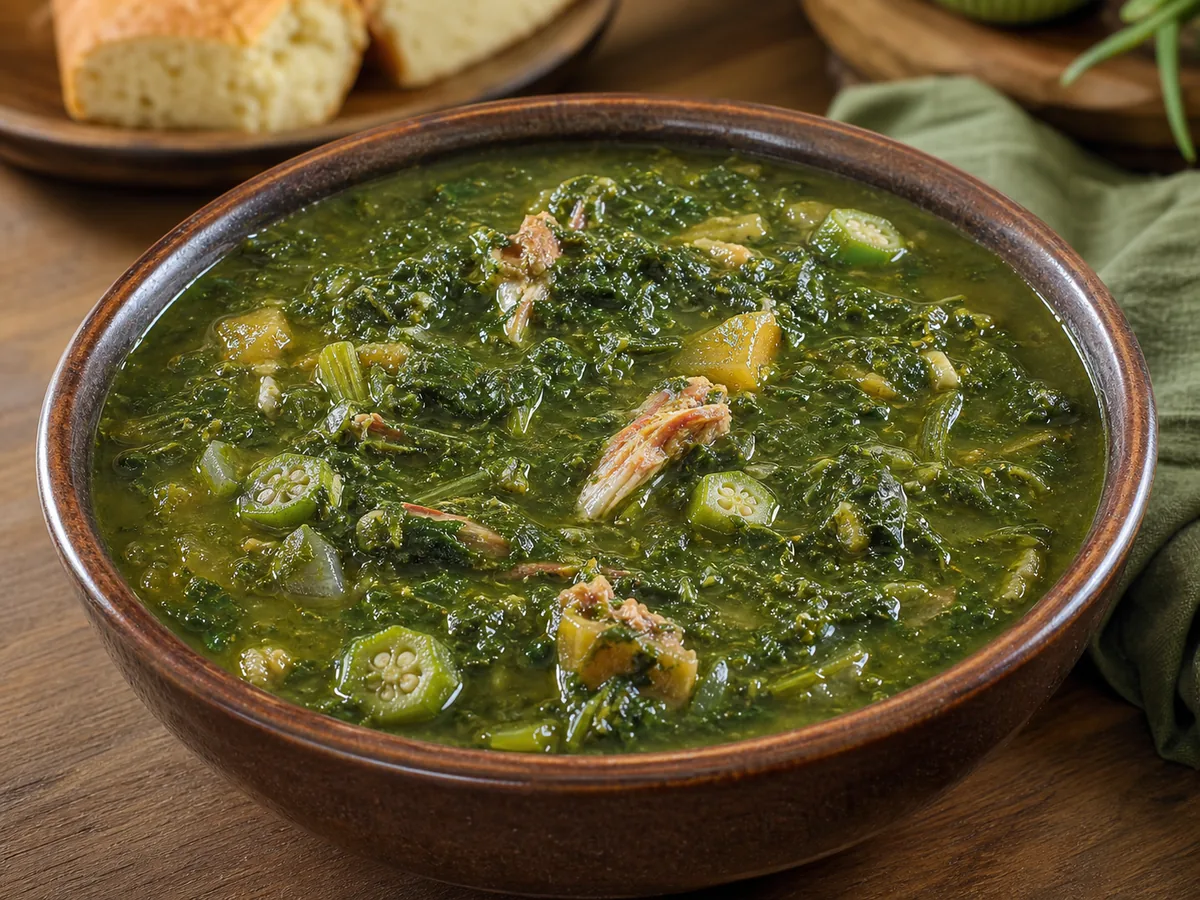 Dominican callaloo soup with dasheen leaves, okra, pumpkin and a little smoked meat.