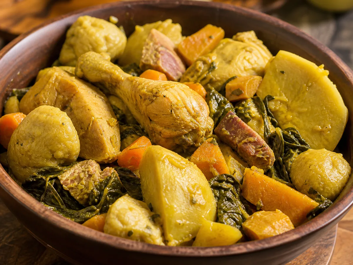 Grenadian oil down with breadfruit, chicken, salted meat, leafy greens, pumpkin and dumplings in reduced coconut sauce.