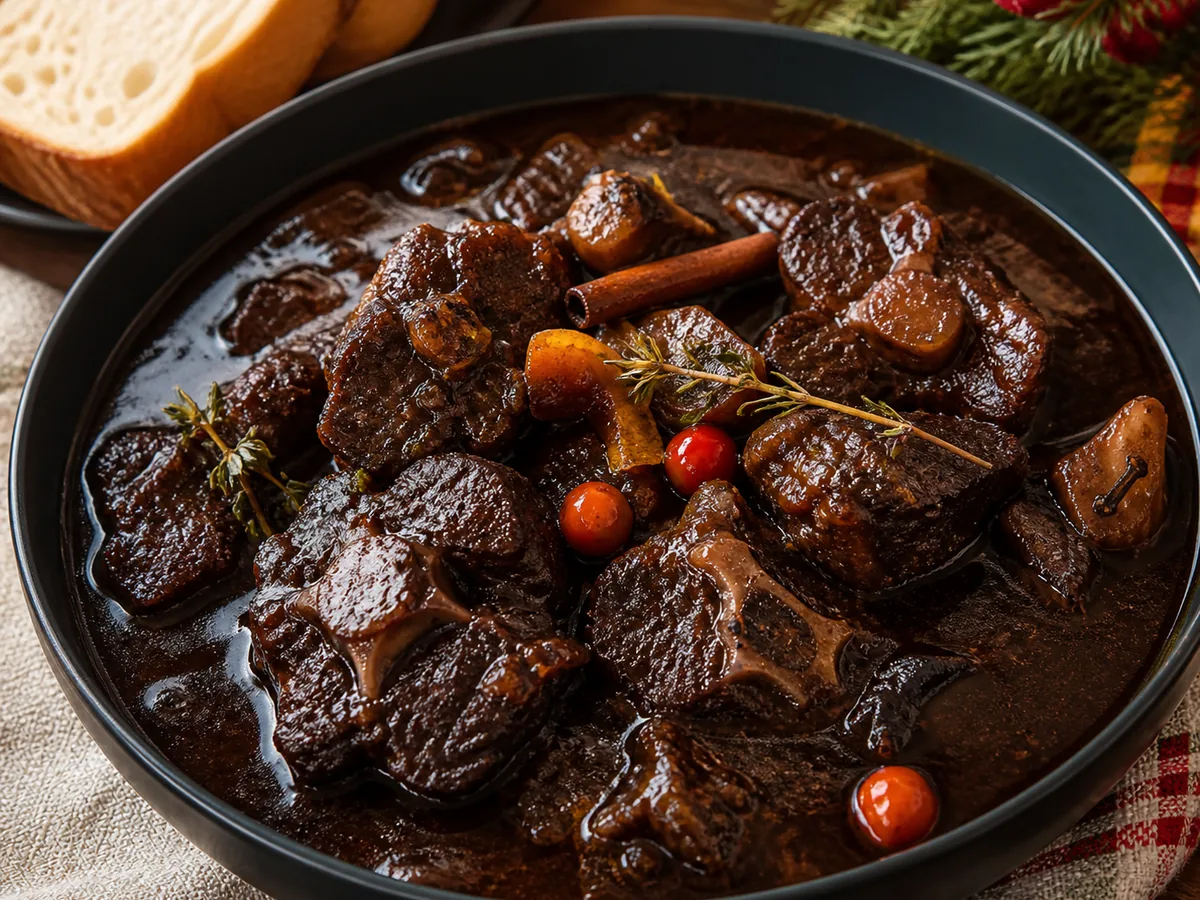 Dark Guyanese cassareep pepperpot with tender beef and oxtail, served with plait bread.