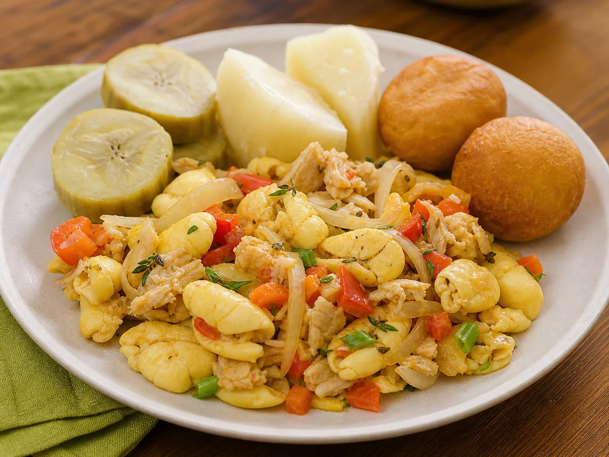 Jamaican ackee and saltfish with onion, sweet pepper and tomato, served with green banana, yam and fried dumplings.