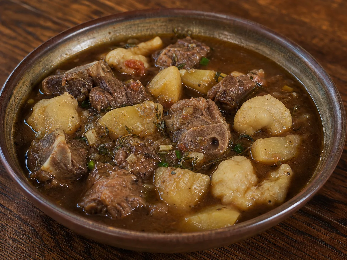 Saint Kitts and Nevis goat water with tender goat, breadfruit, green pawpaw and dumplings in dark broth.