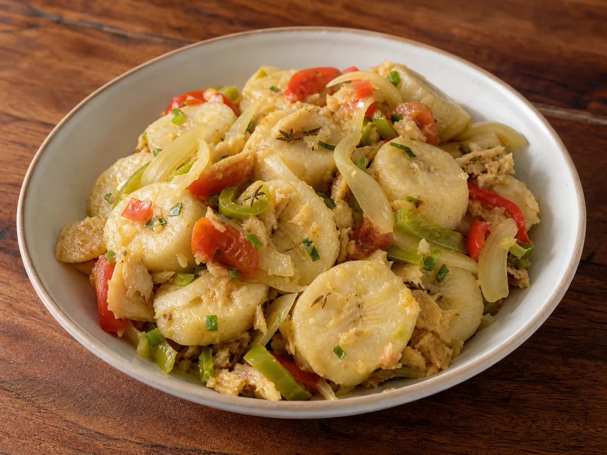 Saint Lucian green banana slices with saltfish, onion, sweet pepper, tomato and herbs.