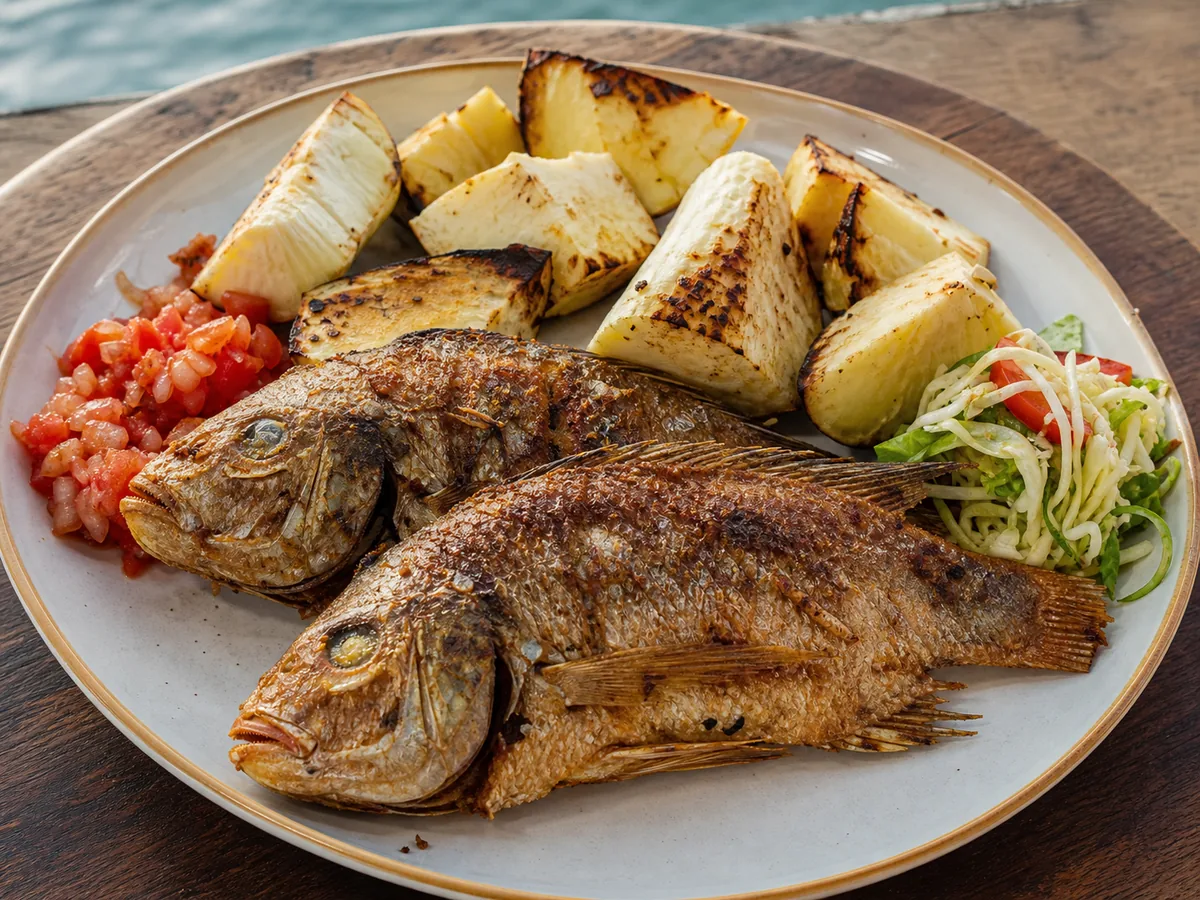 Vincentian fried jackfish with roasted breadfruit wedges, tomato-onion sauce and fresh salad.