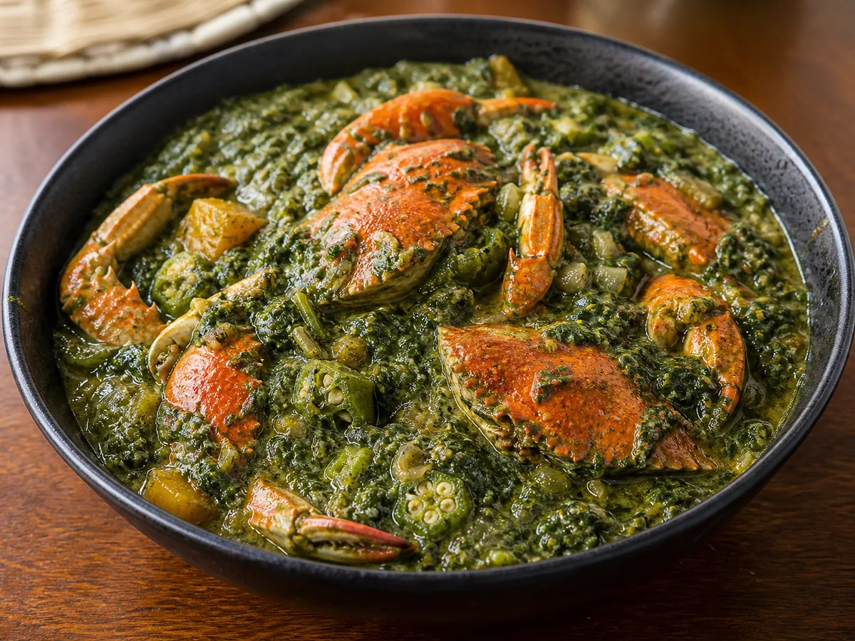 Trinidad and Tobago crab and callaloo with cooked crab pieces in thick dasheen-leaf and okra callaloo.