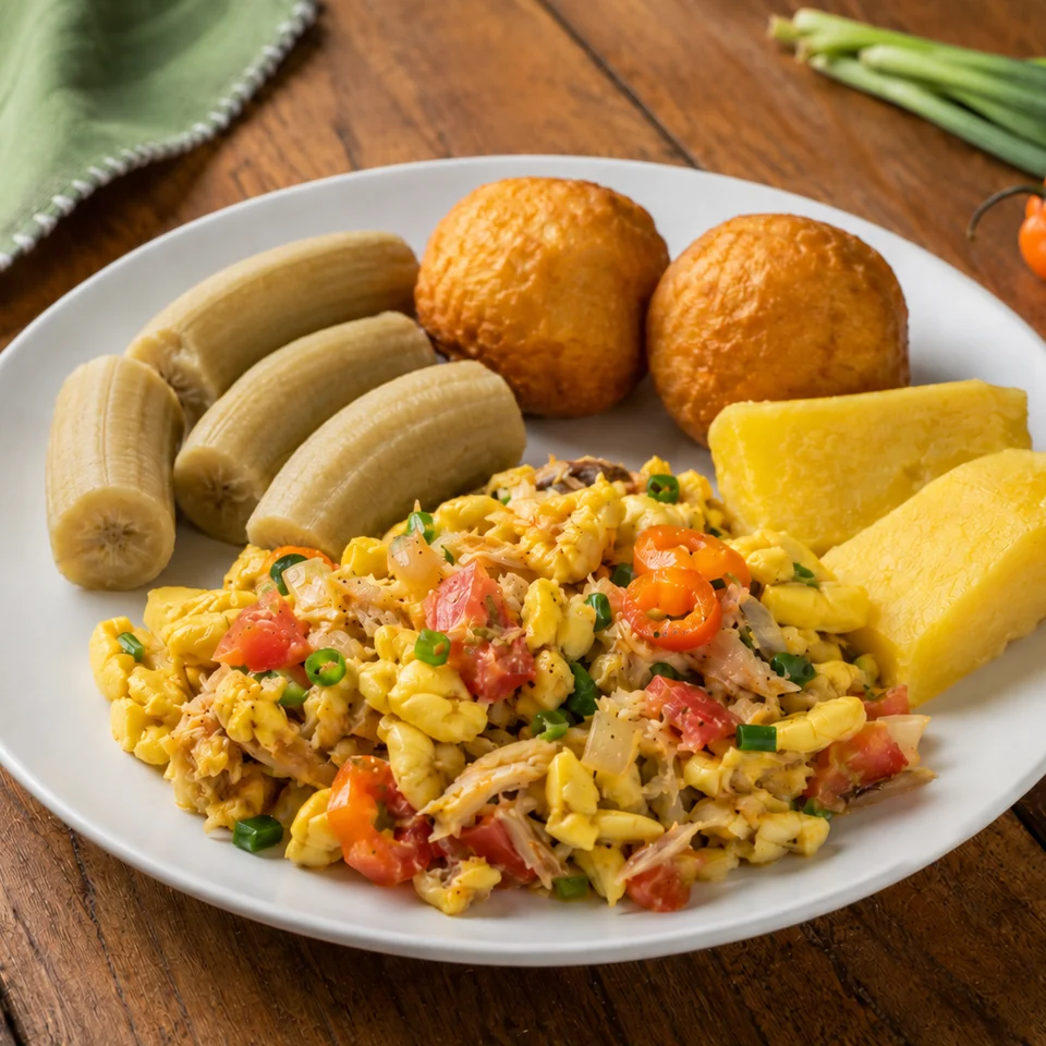 Jamaican ackee and saltfish served with boiled green bananas, fried dumplings and yellow yam.