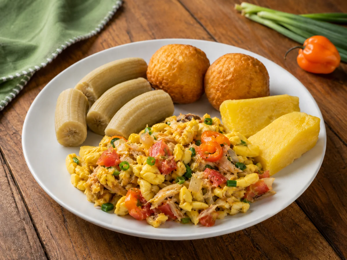 Jamaican ackee and saltfish served with boiled green bananas, fried dumplings and yellow yam.