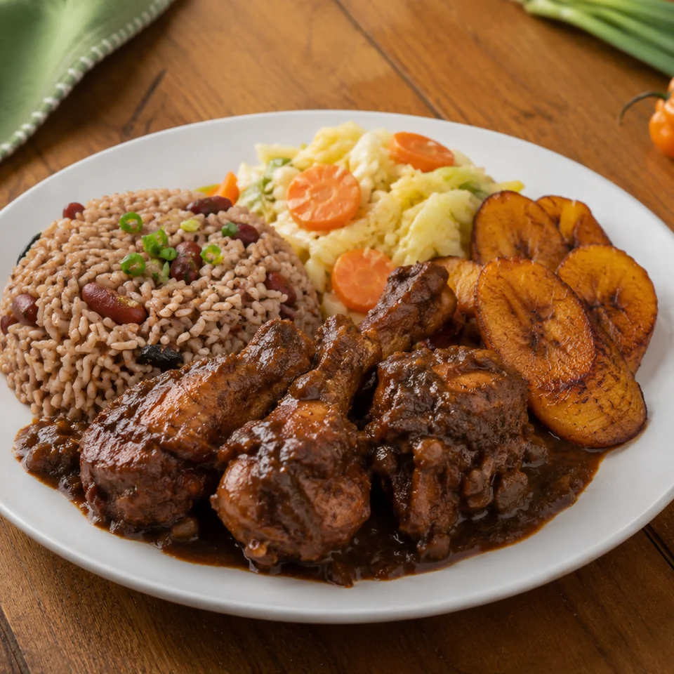 Jamaican brown stew chicken served as a complete plated meal with traditional side dishes.