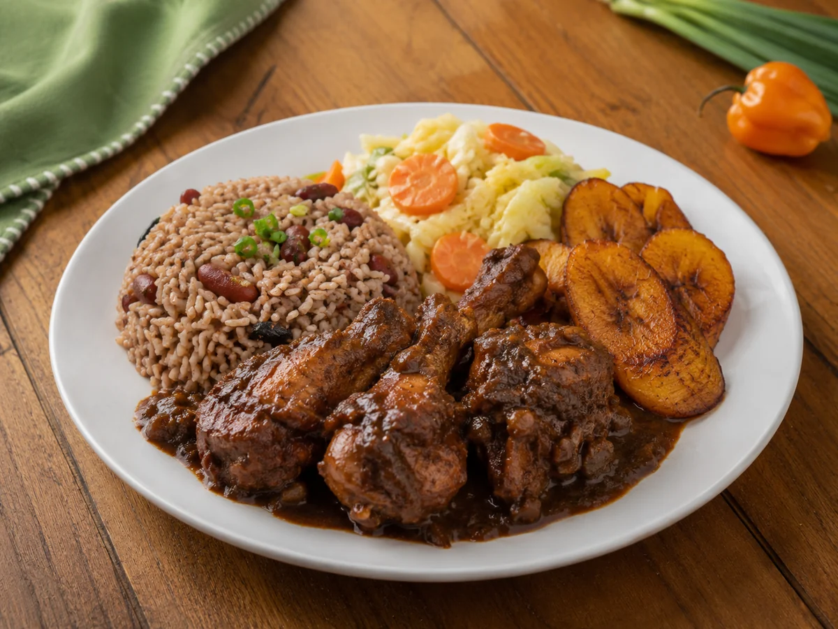 Jamaican brown stew chicken served as a complete plated meal with traditional side dishes.