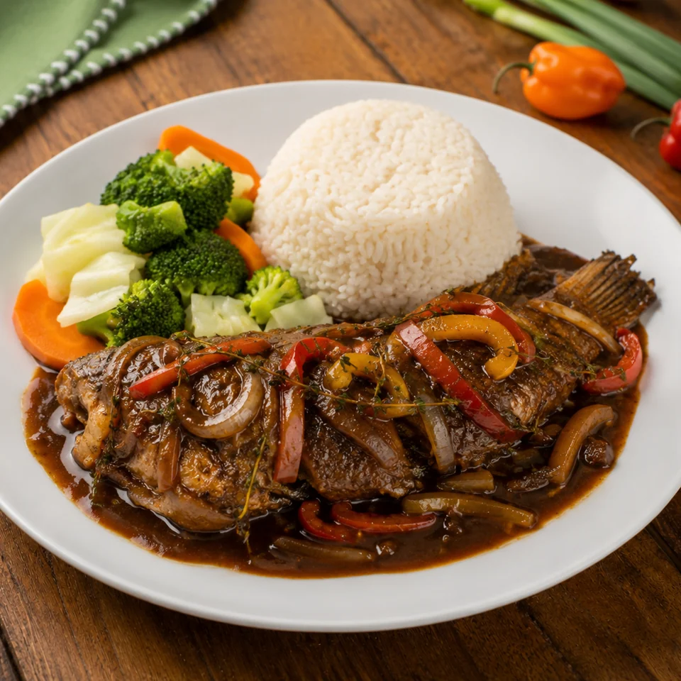 Jamaican brown stew fish served with rice and vegetables.