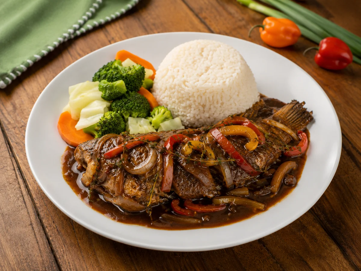 Jamaican brown stew fish served with rice and vegetables.