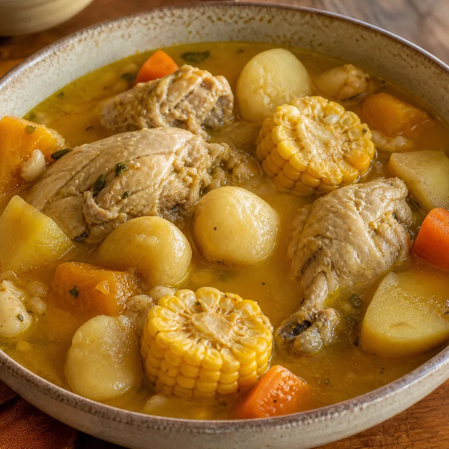 Pumpkin-coloured Jamaican chicken soup with corn, yam, vegetables and dumplings.