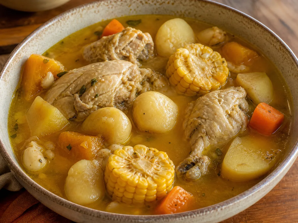 Pumpkin-coloured Jamaican chicken soup with corn, yam, vegetables and dumplings.