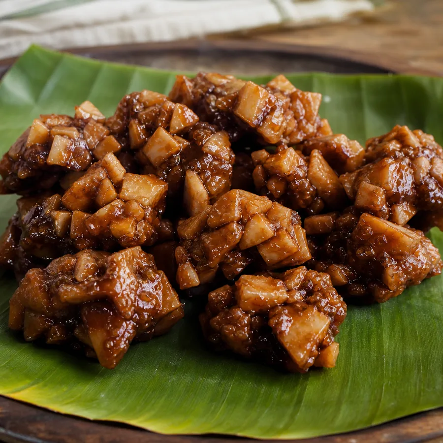 Irregular Jamaican coconut drops with chunky coconut set in dark ginger syrup on banana leaf.