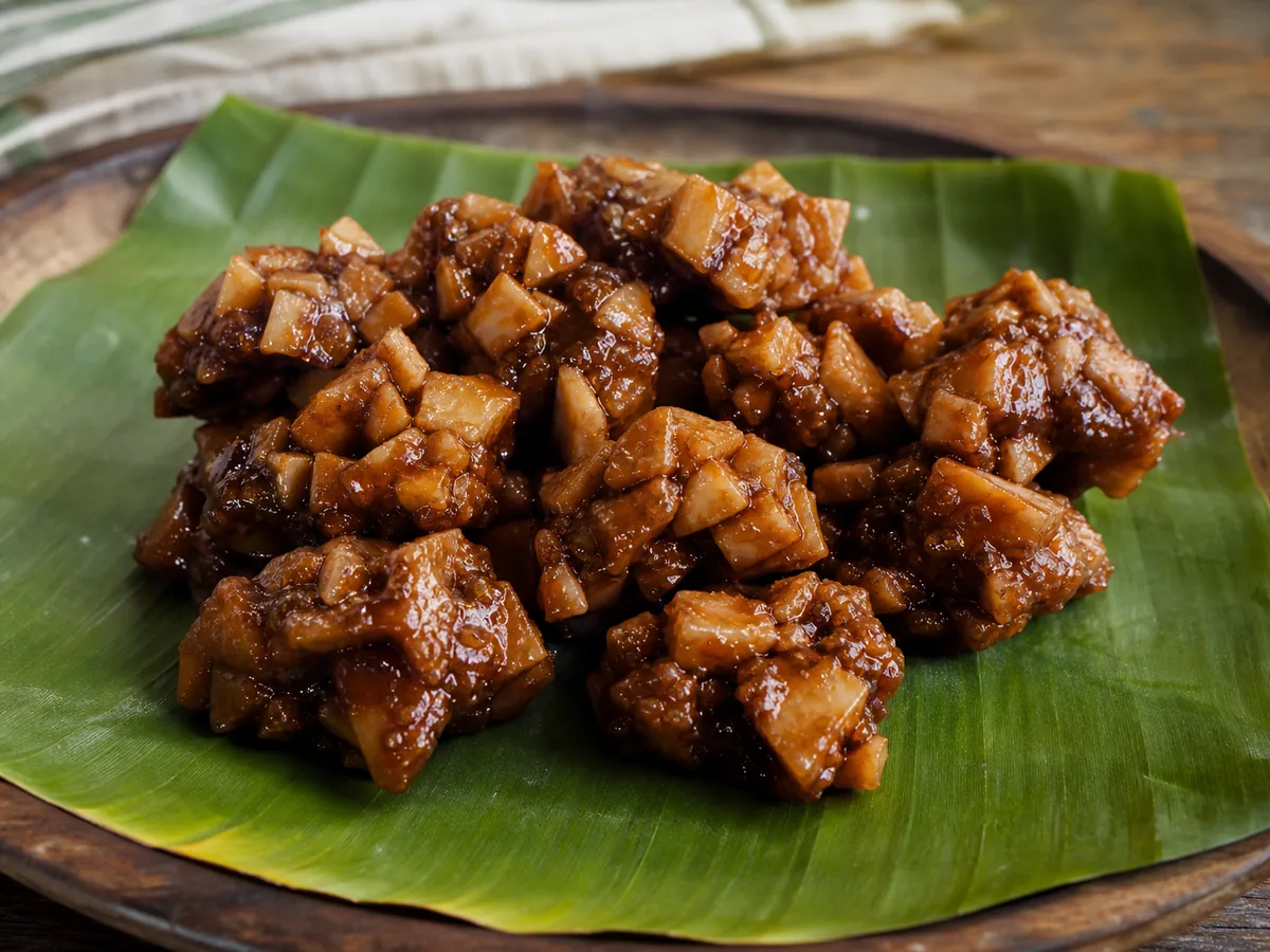 Irregular Jamaican coconut drops with chunky coconut set in dark ginger syrup on banana leaf.