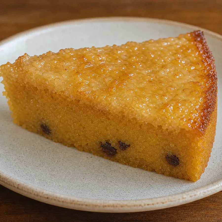 Firm slice of Jamaican cornmeal pudding with a softly set coconut top.
