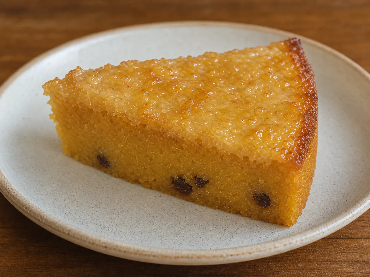 Firm slice of Jamaican cornmeal pudding with a softly set coconut top.