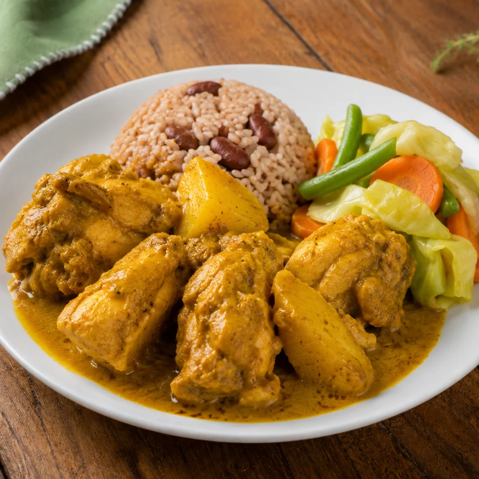 Jamaican curry chicken served with rice and peas and vegetables.