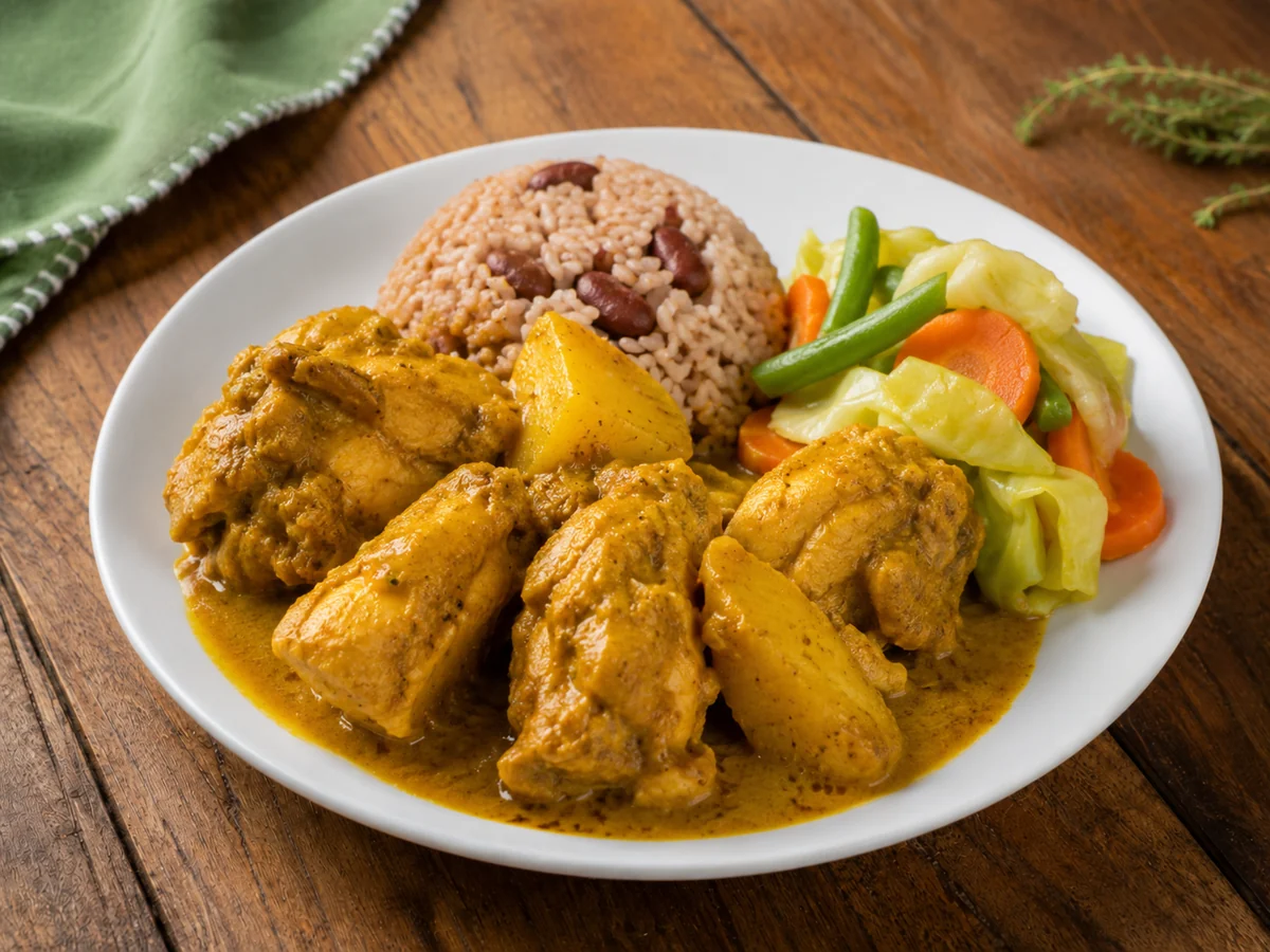 Jamaican curry chicken served with rice and peas and vegetables.