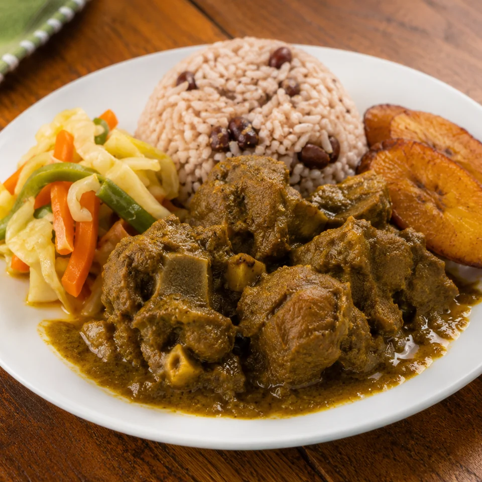 Jamaican curry goat served with rice and peas, vegetables and fried plantain.