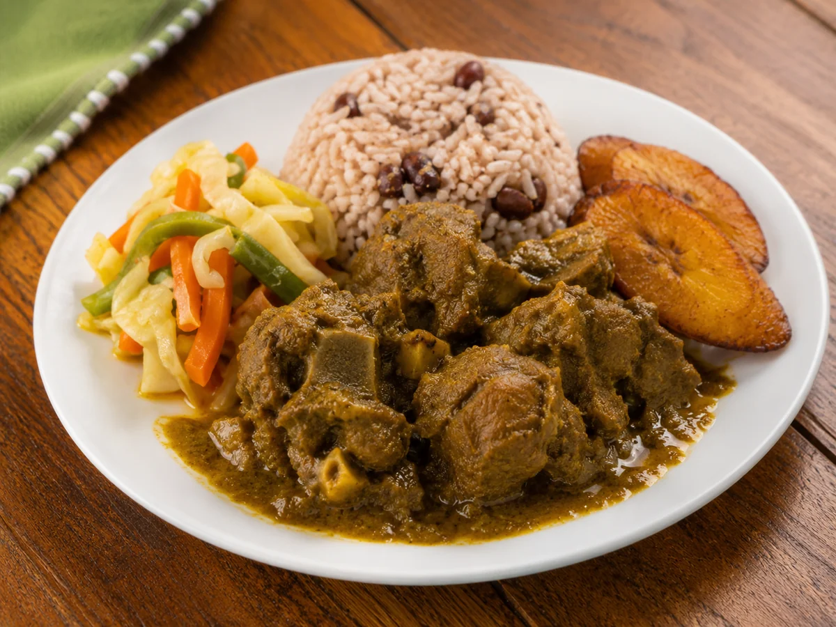 Jamaican curry goat served with rice and peas, vegetables and fried plantain.