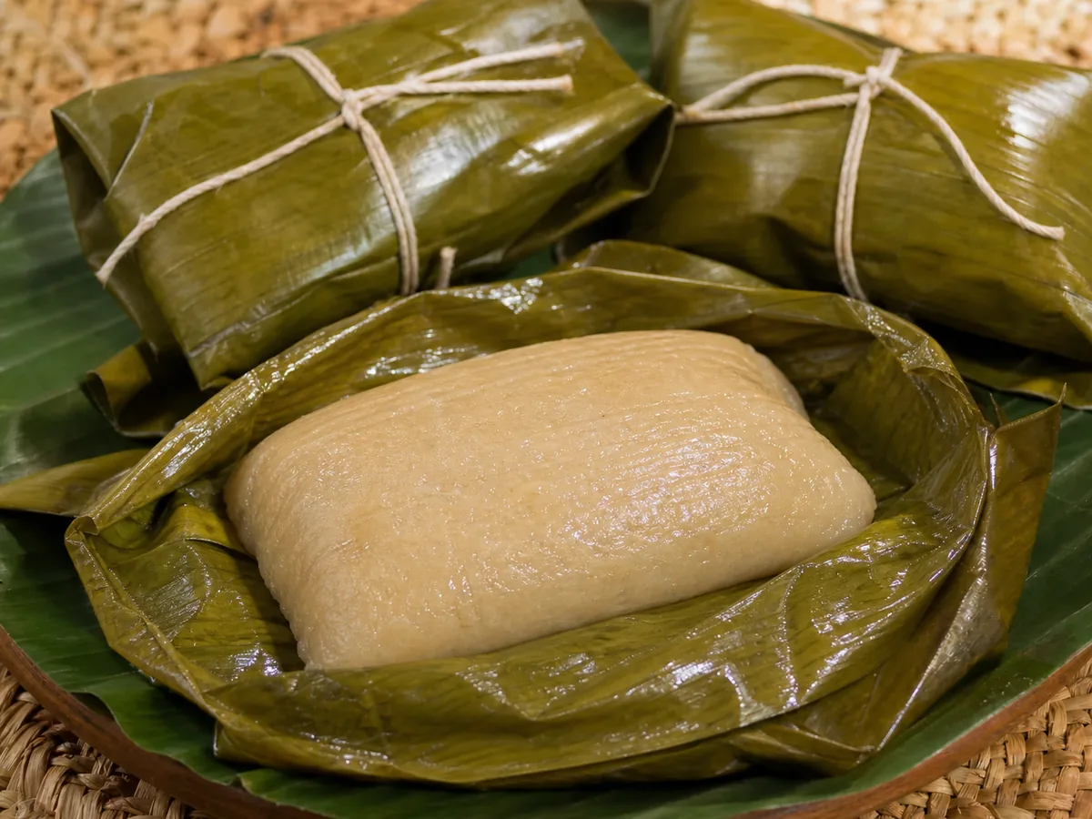 Jamaican duckunoo opened from a banana-leaf parcel beside two traditionally tied parcels.