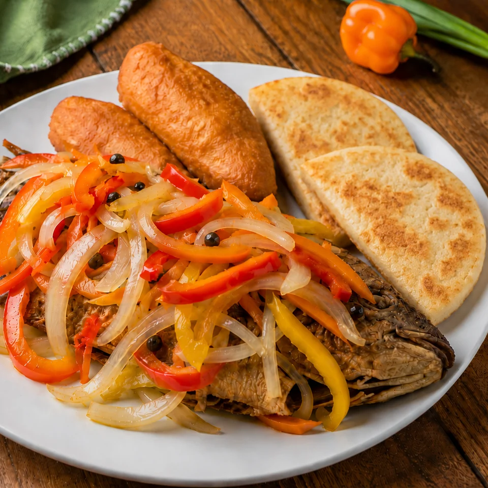 Jamaican escovitch fish served with pickled vegetables, festival and fried bammy.