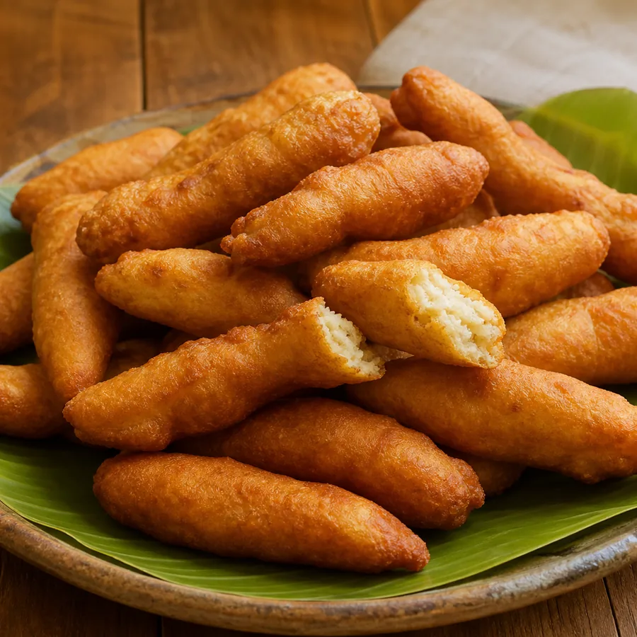 Golden elongated Jamaican festival with one piece opened to show its soft cooked centre.