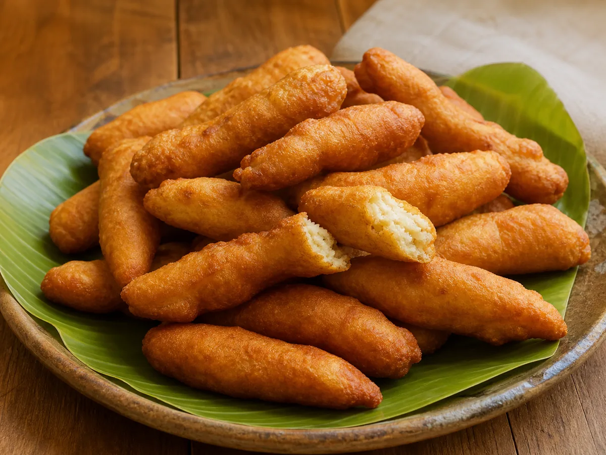 Golden elongated Jamaican festival with one piece opened to show its soft cooked centre.