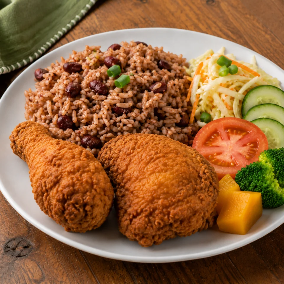 Jamaican fried chicken leg and thigh served with rice and peas, coleslaw and vegetables.