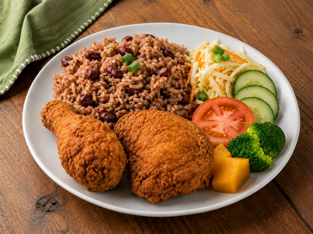 Jamaican fried chicken leg and thigh served with rice and peas, coleslaw and vegetables.