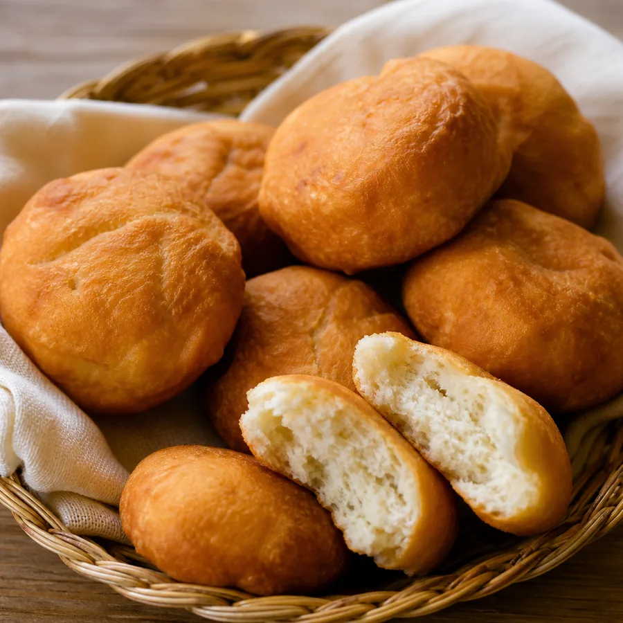 Round golden Jamaican fried dumplings with one split to show the fluffy cooked centre.