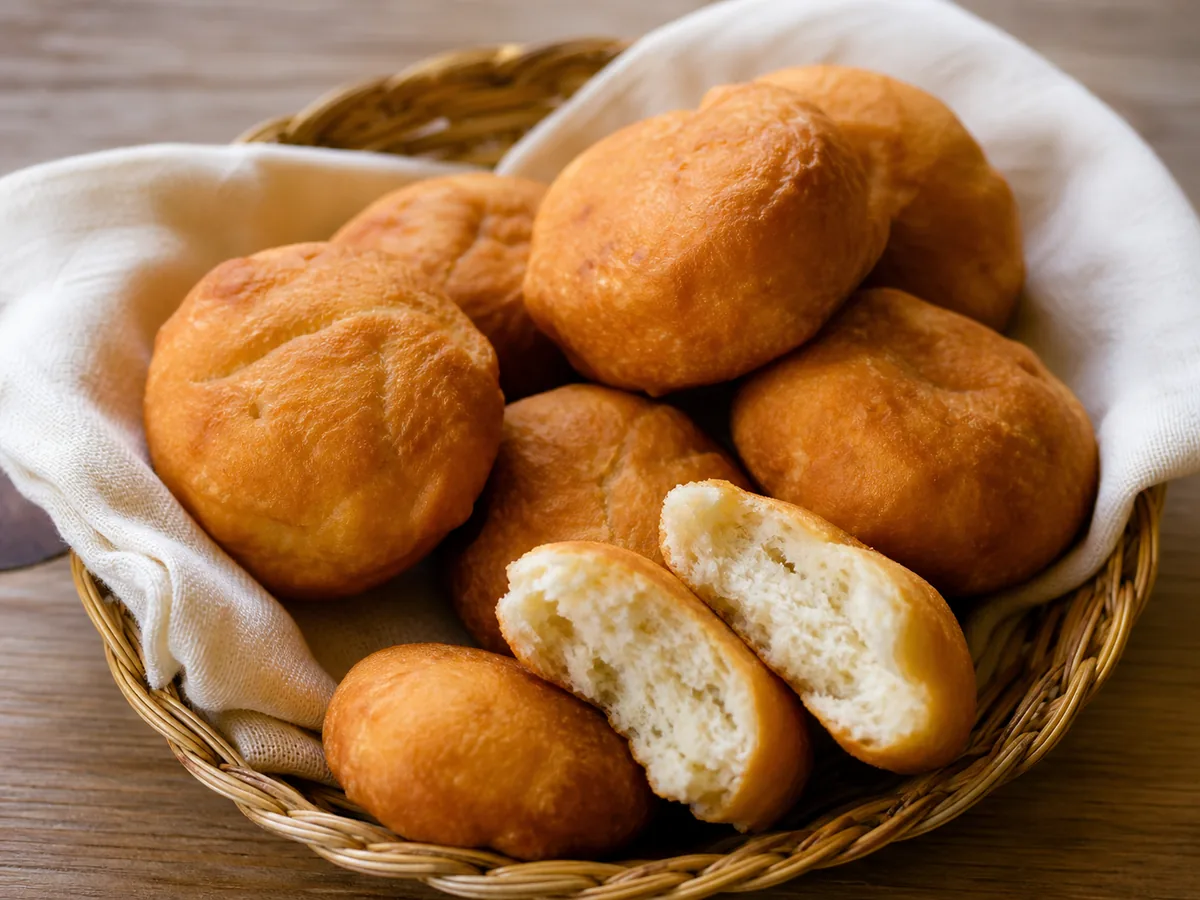 Round golden Jamaican fried dumplings with one split to show the fluffy cooked centre.