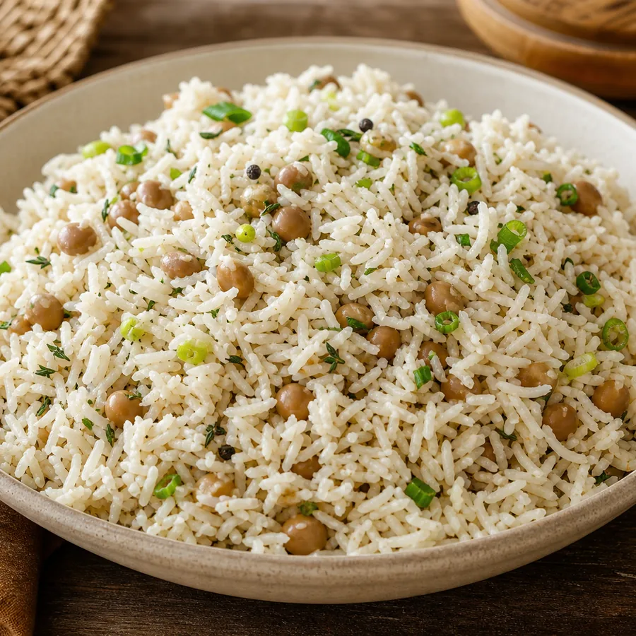 Fluffy Jamaican gungo peas rice with genuine tan pigeon peas and coconut seasoning.