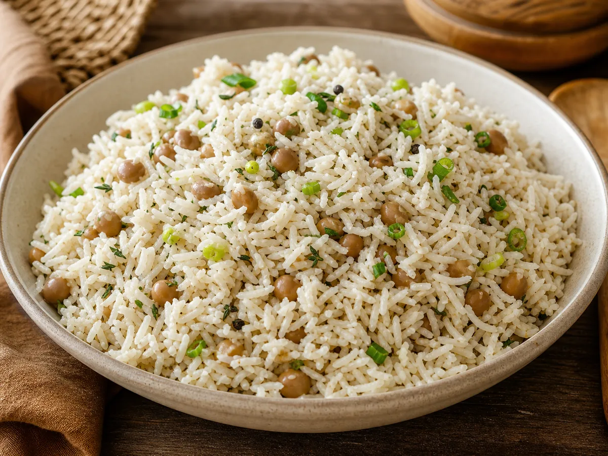 Fluffy Jamaican gungo peas rice with genuine tan pigeon peas and coconut seasoning.