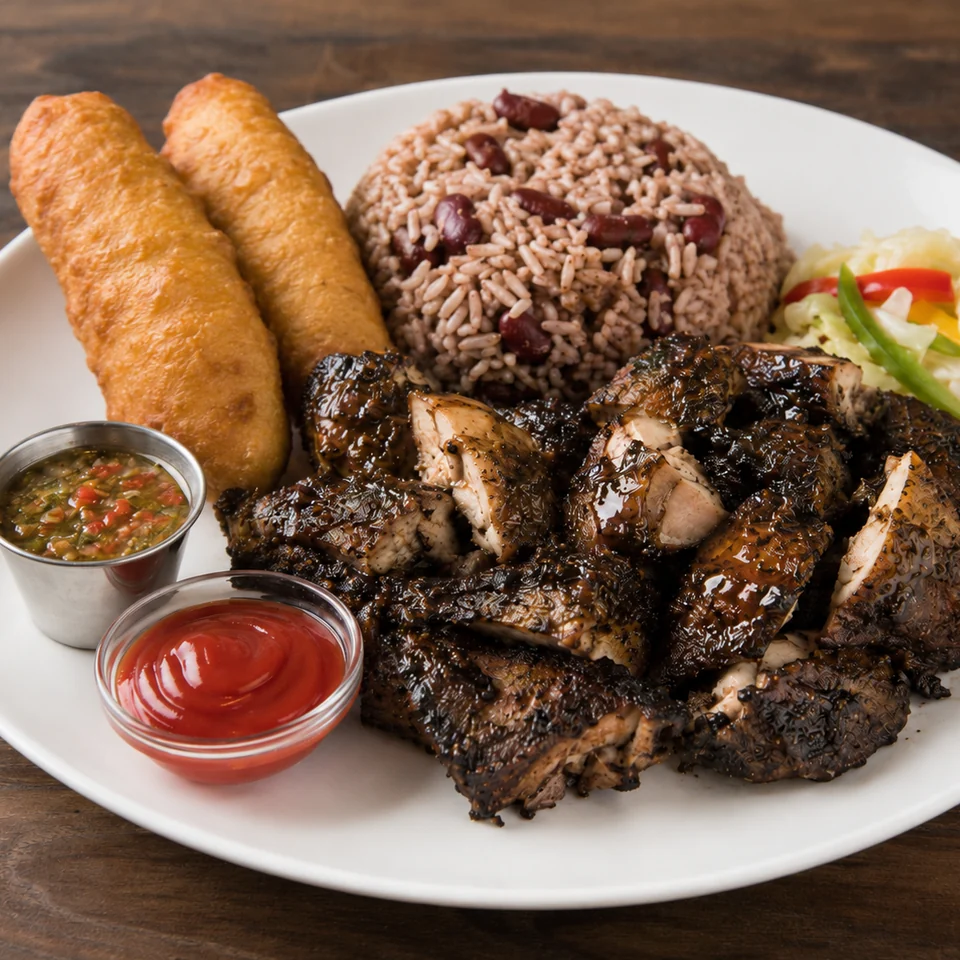Chopped Jamaican jerk chicken served with rice and peas, handmade festival, vegetables, pepper sauce and ketchup.