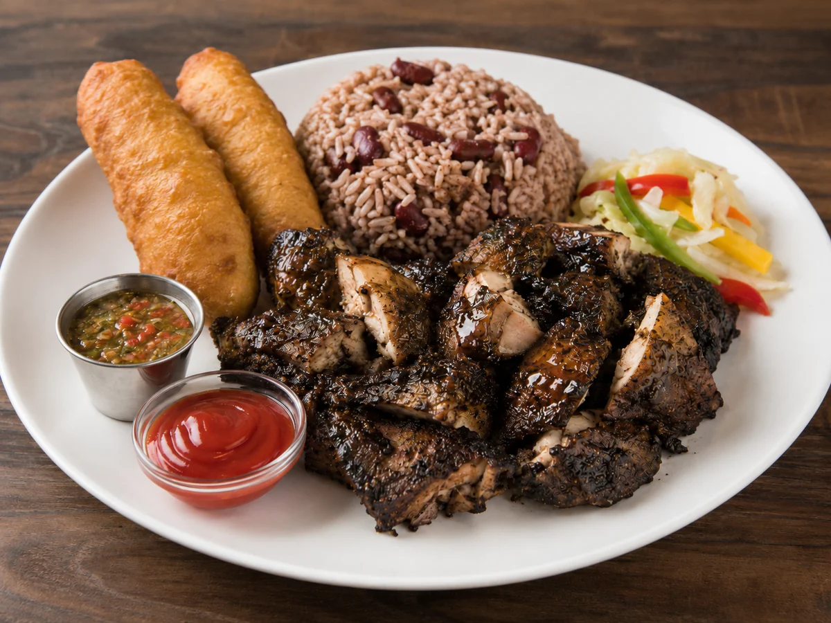 Chopped Jamaican jerk chicken served with rice and peas, handmade festival, vegetables, pepper sauce and ketchup.