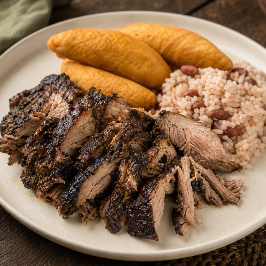 Smoky sliced Jamaican jerk pork with dark charred edges, festival and rice and peas.