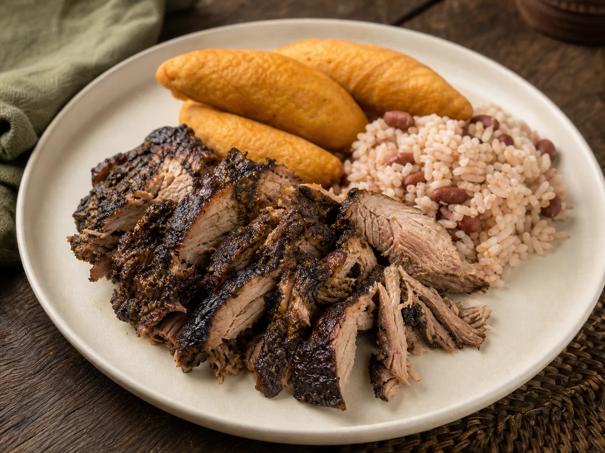 Smoky sliced Jamaican jerk pork with dark charred edges, festival and rice and peas.