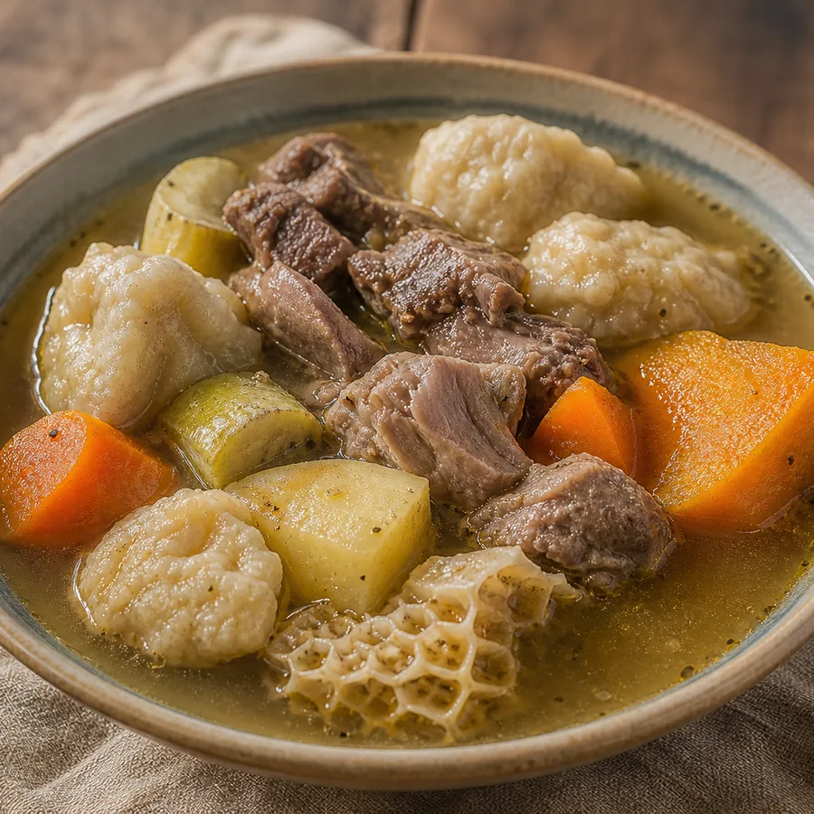 Jamaican mannish water with tender goat, tripe, ground provisions, carrot and flour dumplings.