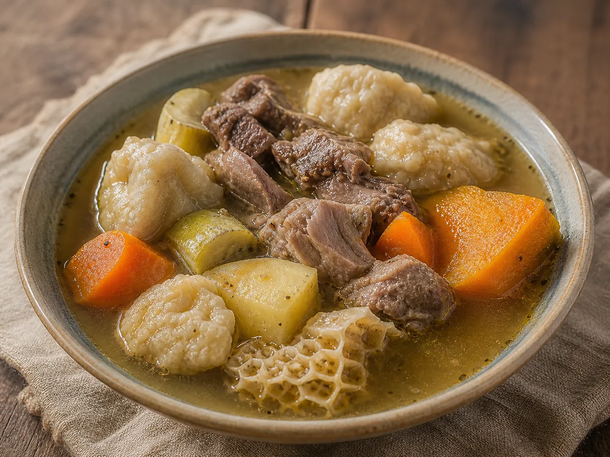 Jamaican mannish water with tender goat, tripe, ground provisions, carrot and flour dumplings.