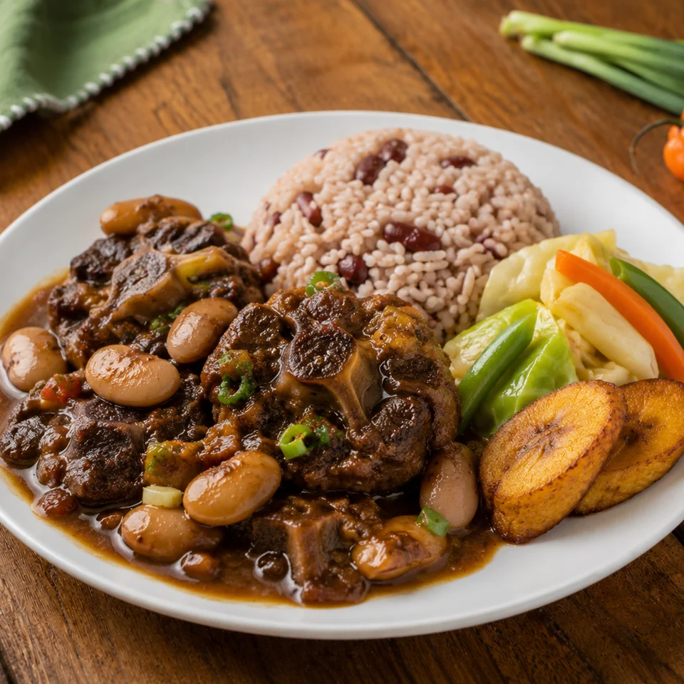 Jamaican oxtail and butter beans served with rice and peas, vegetables and fried plantain.