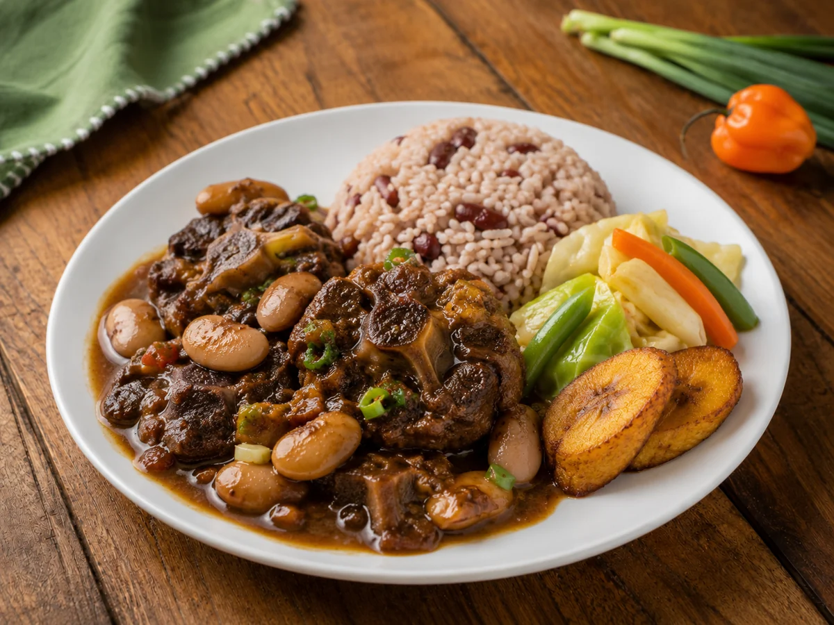 Jamaican oxtail and butter beans served with rice and peas, vegetables and fried plantain.