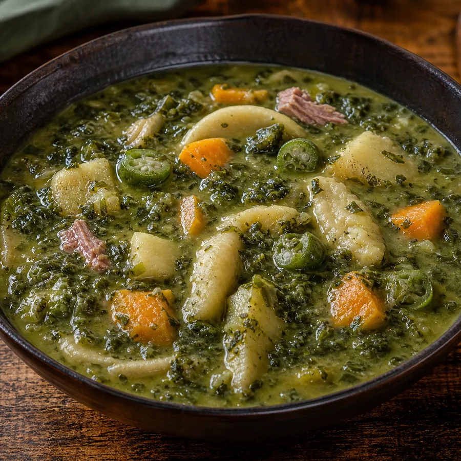 Green Jamaican pepperpot soup with callaloo, okra, ground provisions and spinner dumplings.