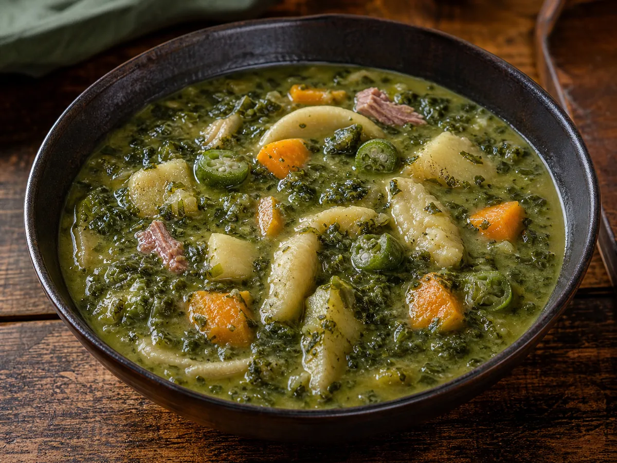 Green Jamaican pepperpot soup with callaloo, okra, ground provisions and spinner dumplings.