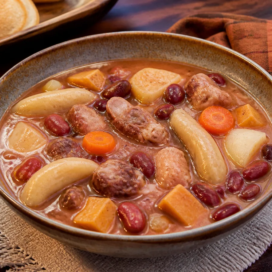 Jamaican red peas soup with kidney beans, ground provisions, spinners, carrot and pigtail.