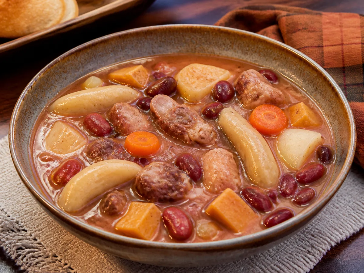 Jamaican red peas soup with kidney beans, ground provisions, spinners, carrot and pigtail.